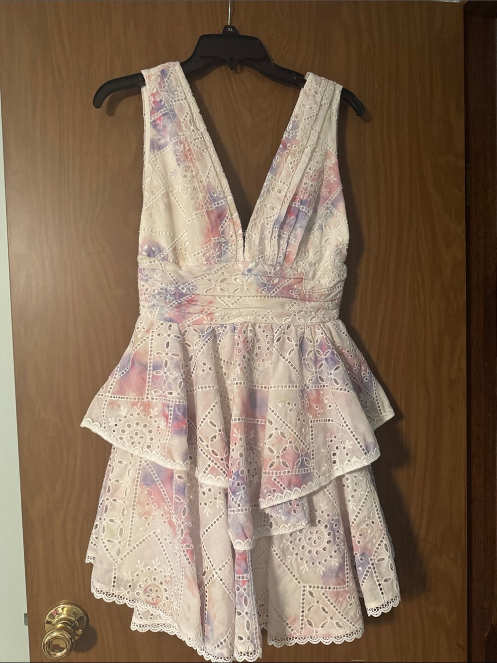 White Eyelet Tiered Dress with Pastel Watercolor Print